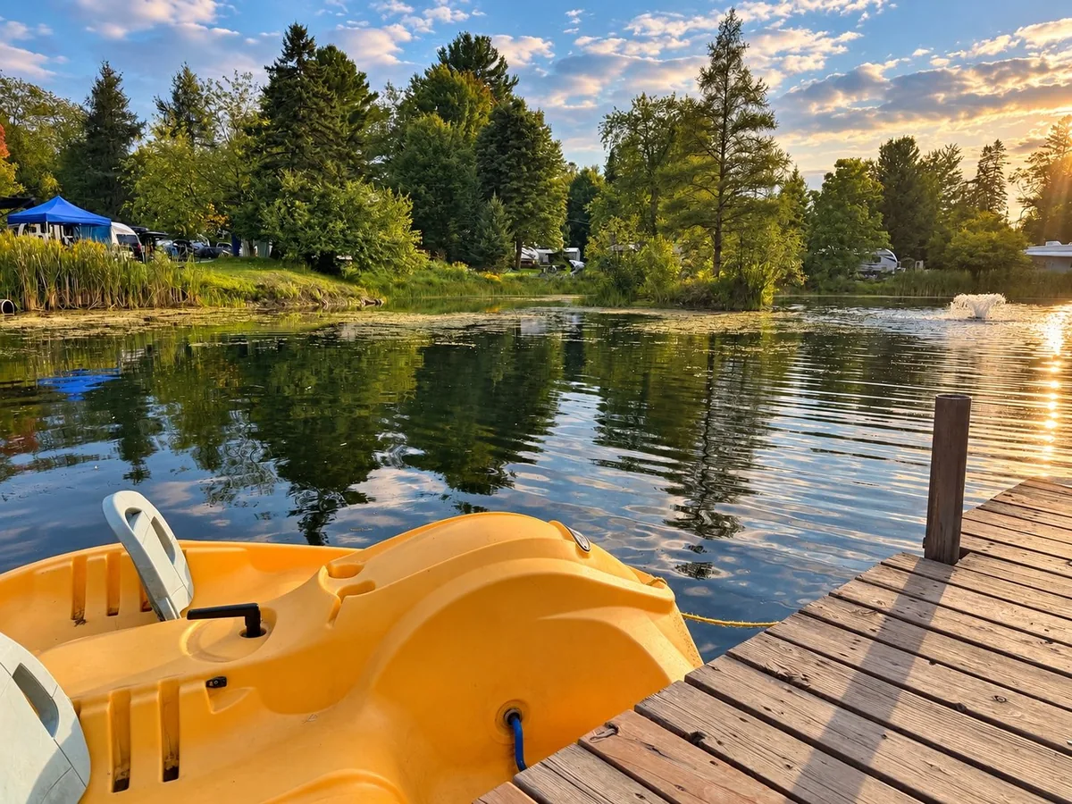 Lac et pédalos au Camping de l’Estrie