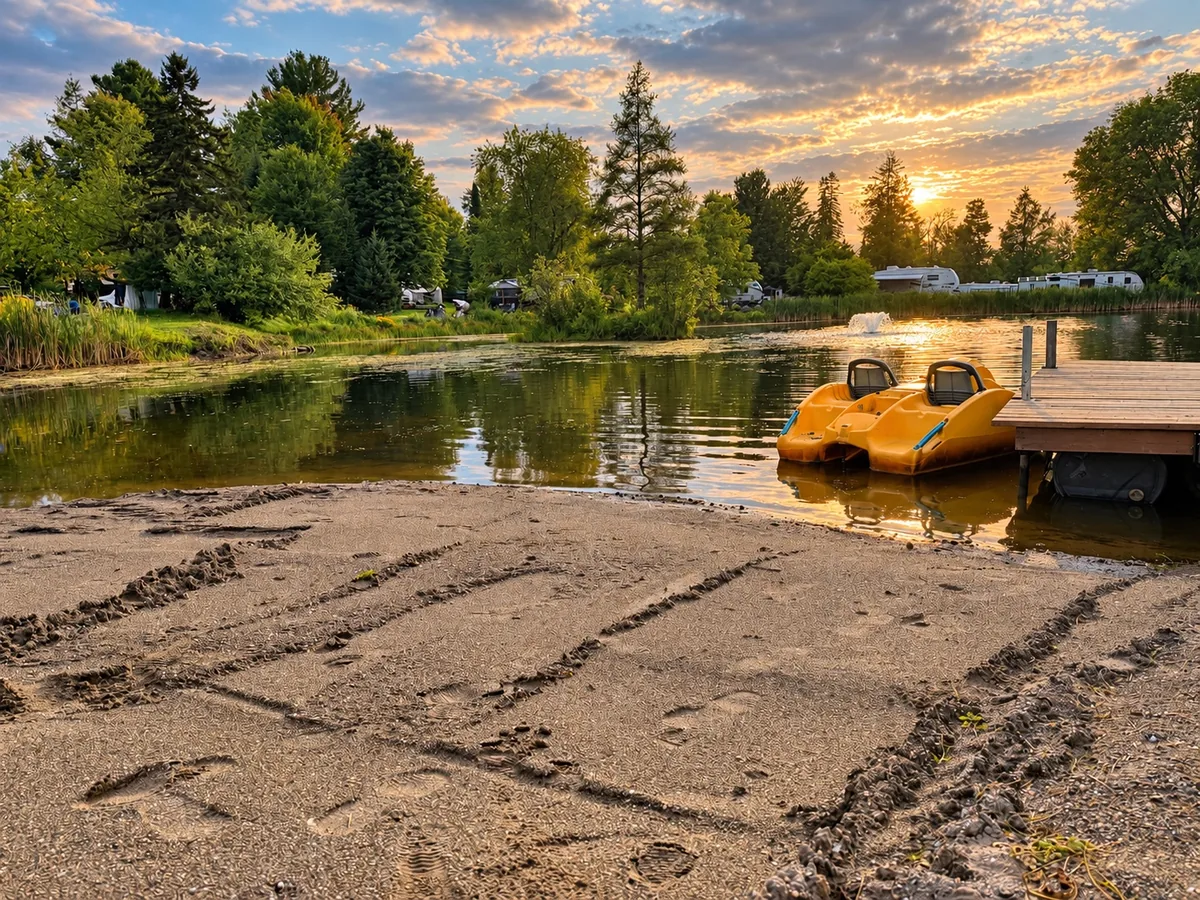 Bord sablé du petit lac avec quai et pédalo jaune au Camping de l’Estrie