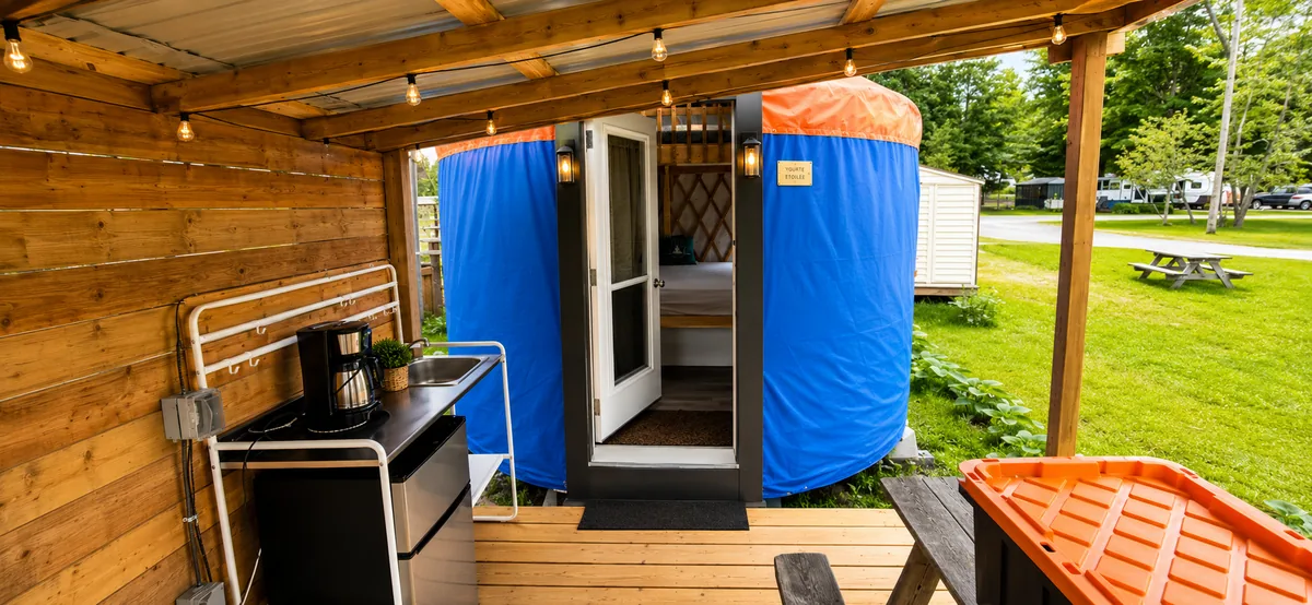 Yourte bleue 167 avec cuisinette extérieure couverte au Camping de l’Estrie
